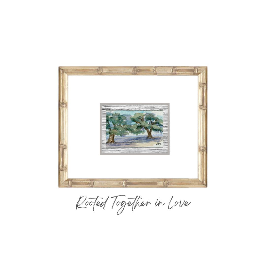 A framed live oak watercolor by Elizabeth Sheats Art & Design—Rooted Together in Love, a perfect mother-daughter gift.