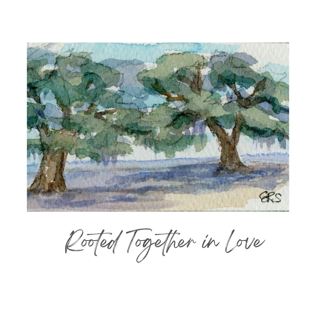 Watercolor of two intertwined live oaks with Rooted Together in Love—a perfect gift by Elizabeth Sheats Art & Design.
