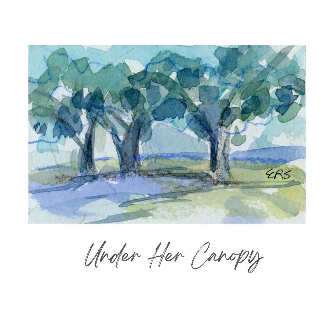 Original watercolor study of three leafy trees in blue and green by Elizabeth Sheats Art & Design.