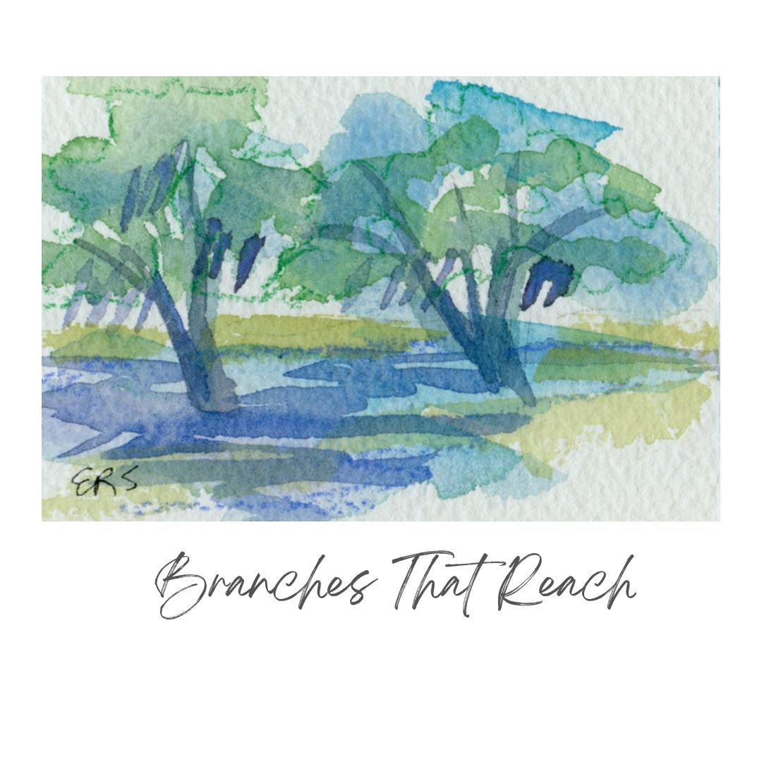 Original watercolor study by Elizabeth Sheats Art & Design of two live oak trees, text reads Branches That Reach.