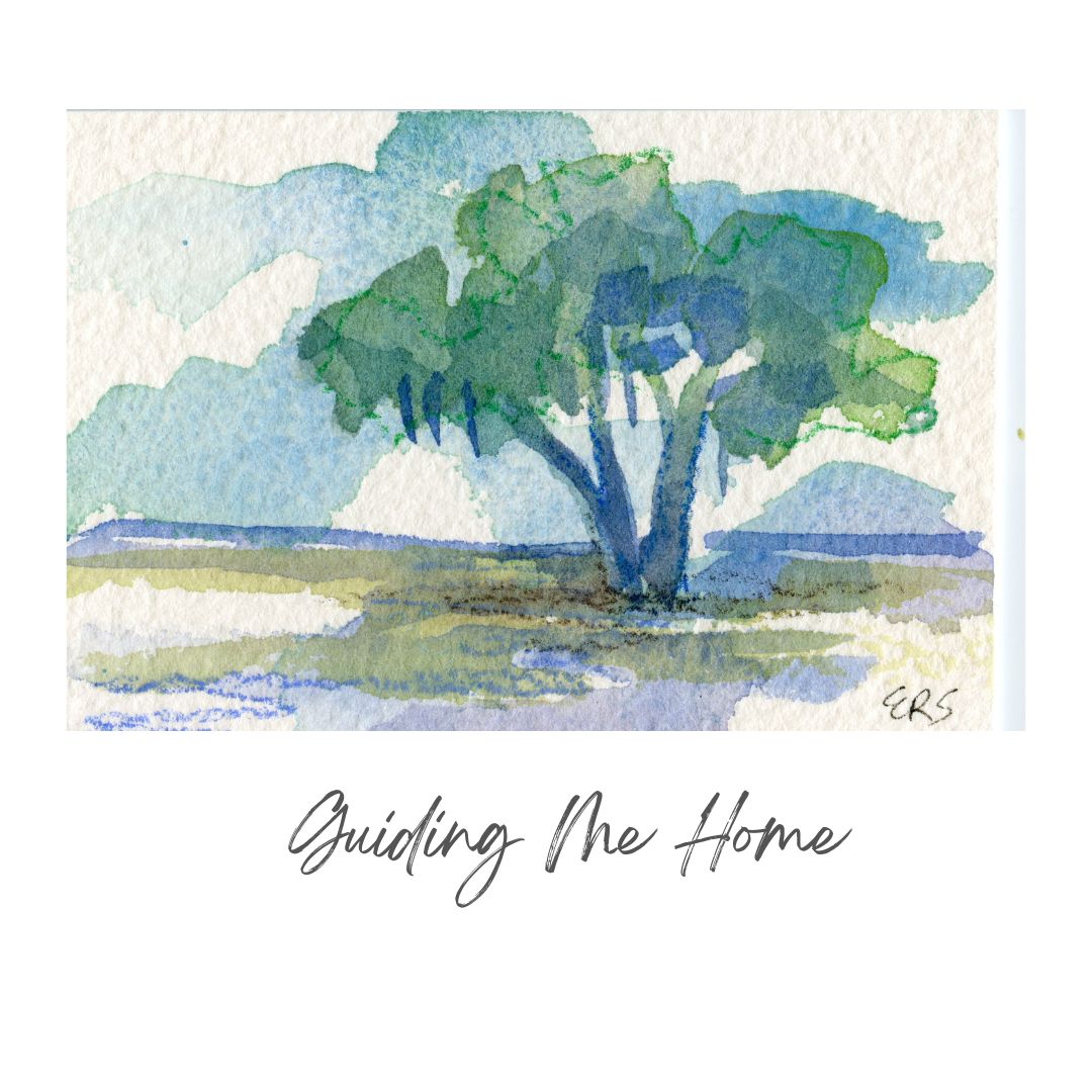 Watercolor of a live oak on grass under blue sky, from Elizabeth Sheats Art & Design. Guiding Me Home.