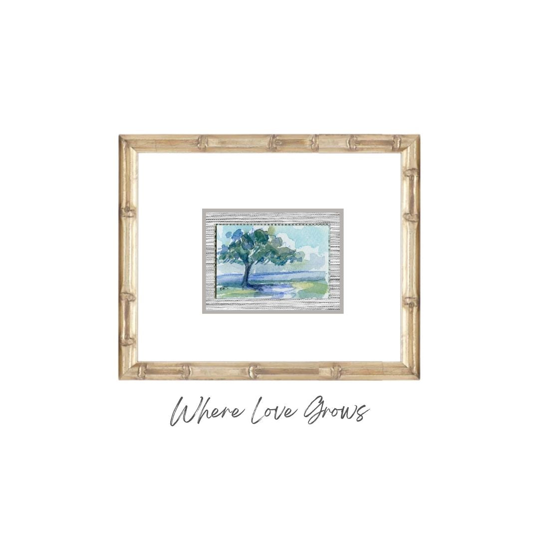 A framed original watercolor of a live oak tree, Where Love Grows, by Elizabeth Sheats Art & Design.
