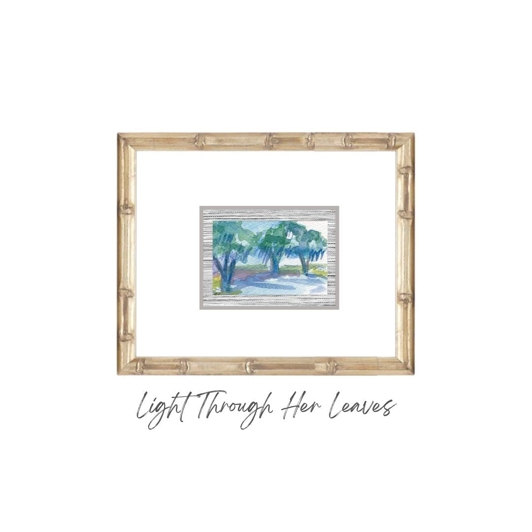 Framed painting of a live oak with sunlight, from Elizabeth Sheats Art & Design.