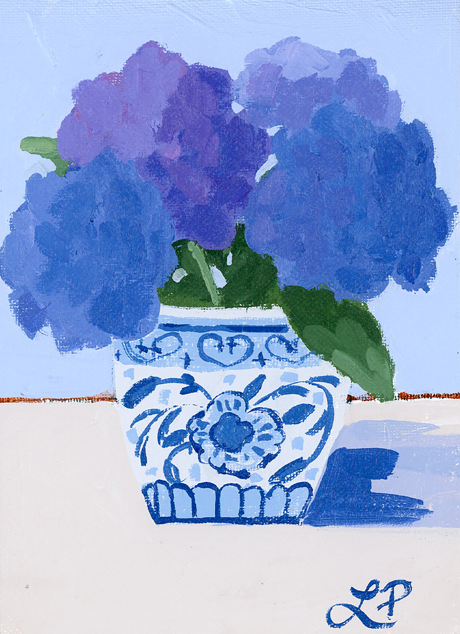 A Lauri Prins original acrylic painting features a blue and white vase with purple hydrangeas on a white surface.