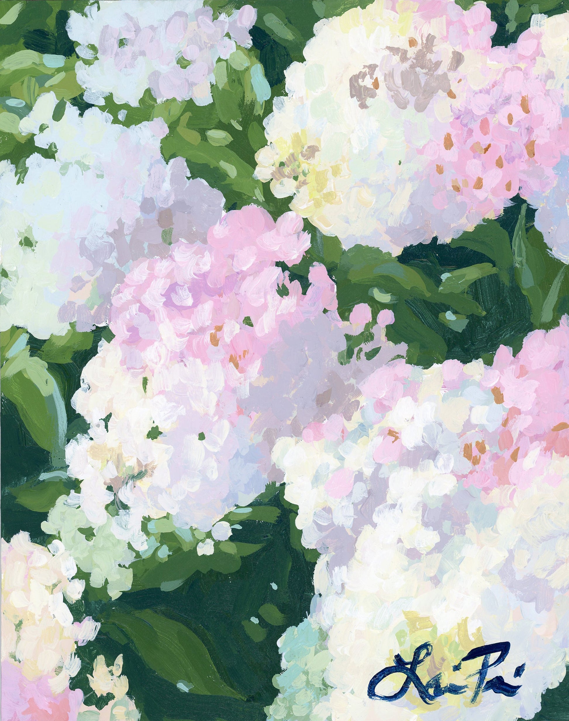 Impressionist acrylic on panel of blooming fences with white and pink hydrangeas by Lauri Prins, signed in corner.