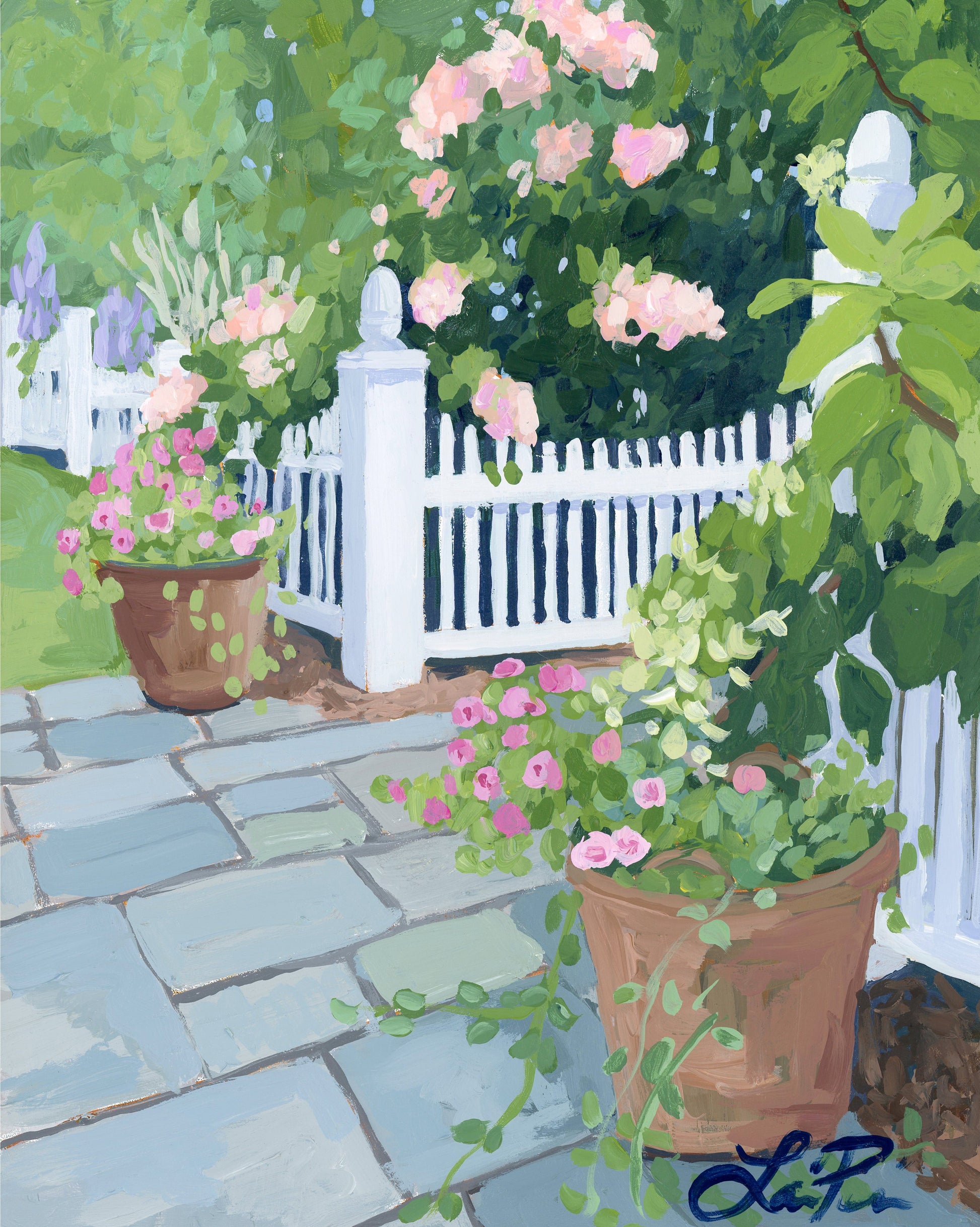 Acrylic on panel by Lauri Prins of potted pink flowers on a stone patio with blooming fences and hydrangeas.