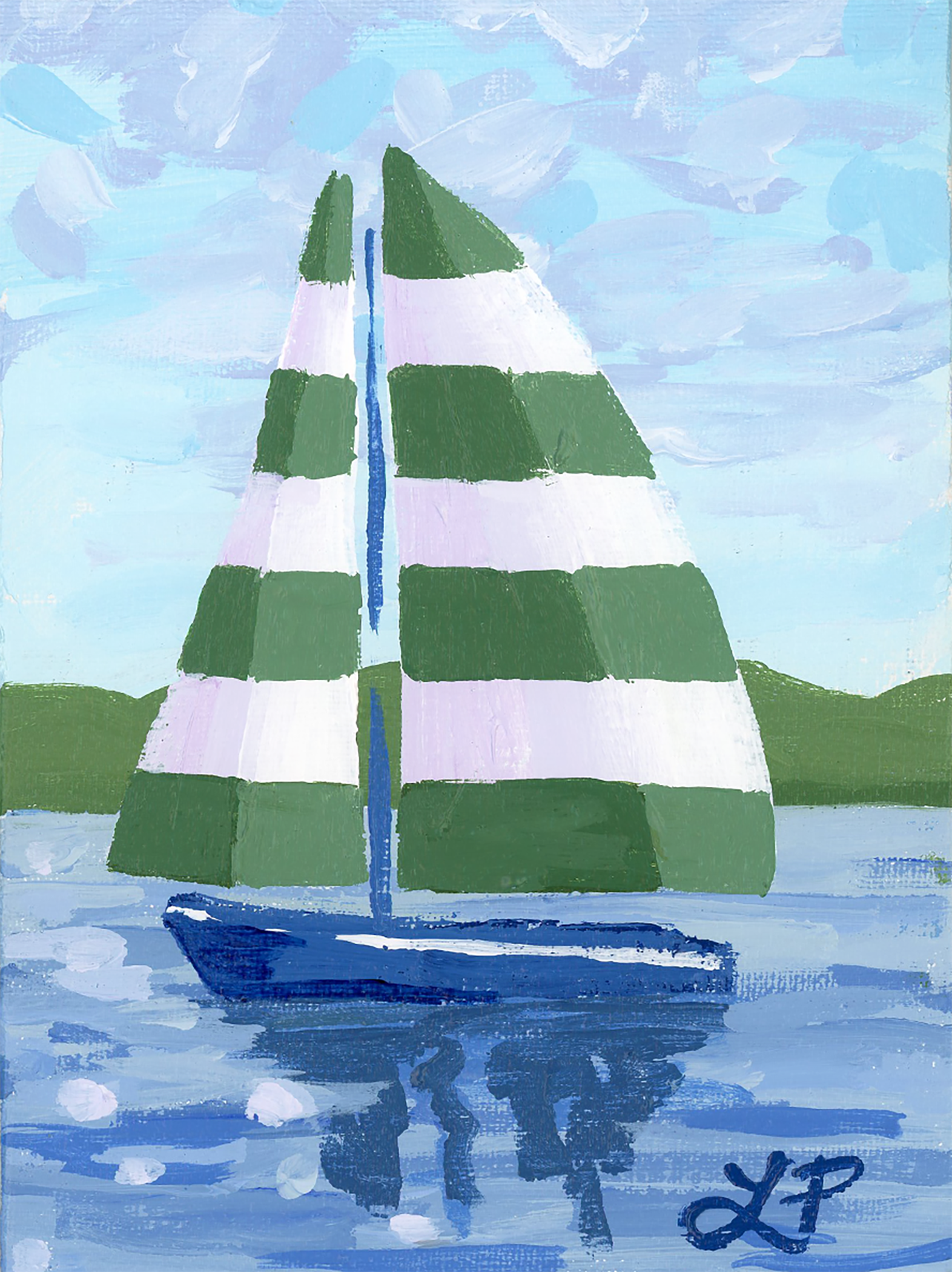 Lauri Prins original art: sailboat with green and white striped sails on blue water, distant hills, cloudy sky.