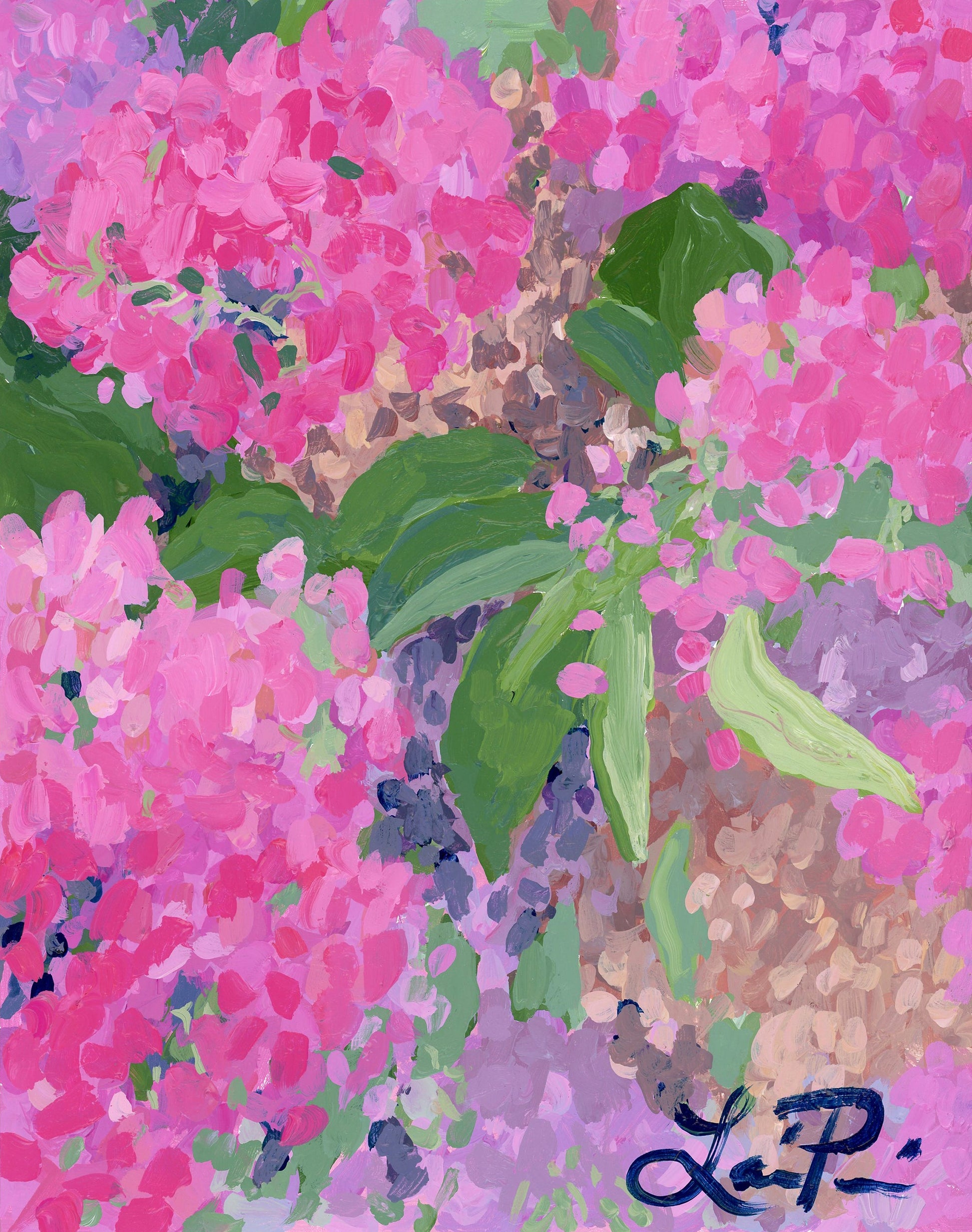Acrylic impressionist painting by Lauri Prins features vibrant pink hydrangeas, green leaves, and a signed lower right corner.