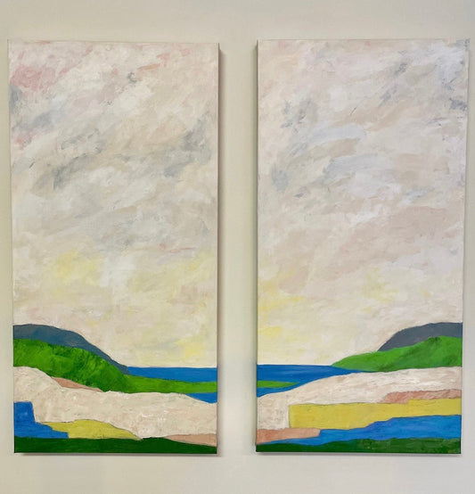 Acrylic on canvas diptych of green hills and blue water beneath a cloudy sky, each panel a 15 x 30 painting.