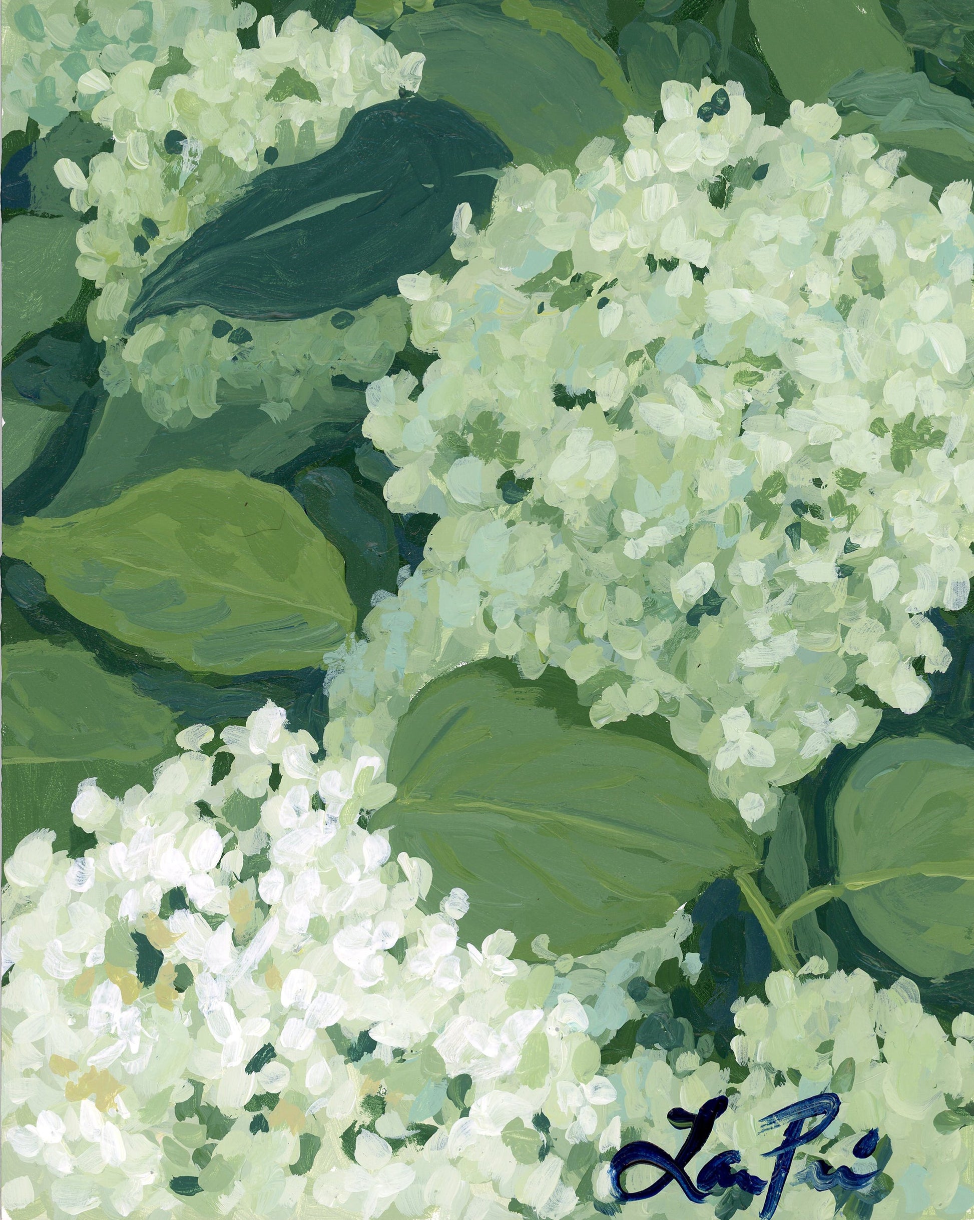 Acrylic on panel of blooming hydrangeas with green leaves, signed Lauri Prins in dark blue at lower right.