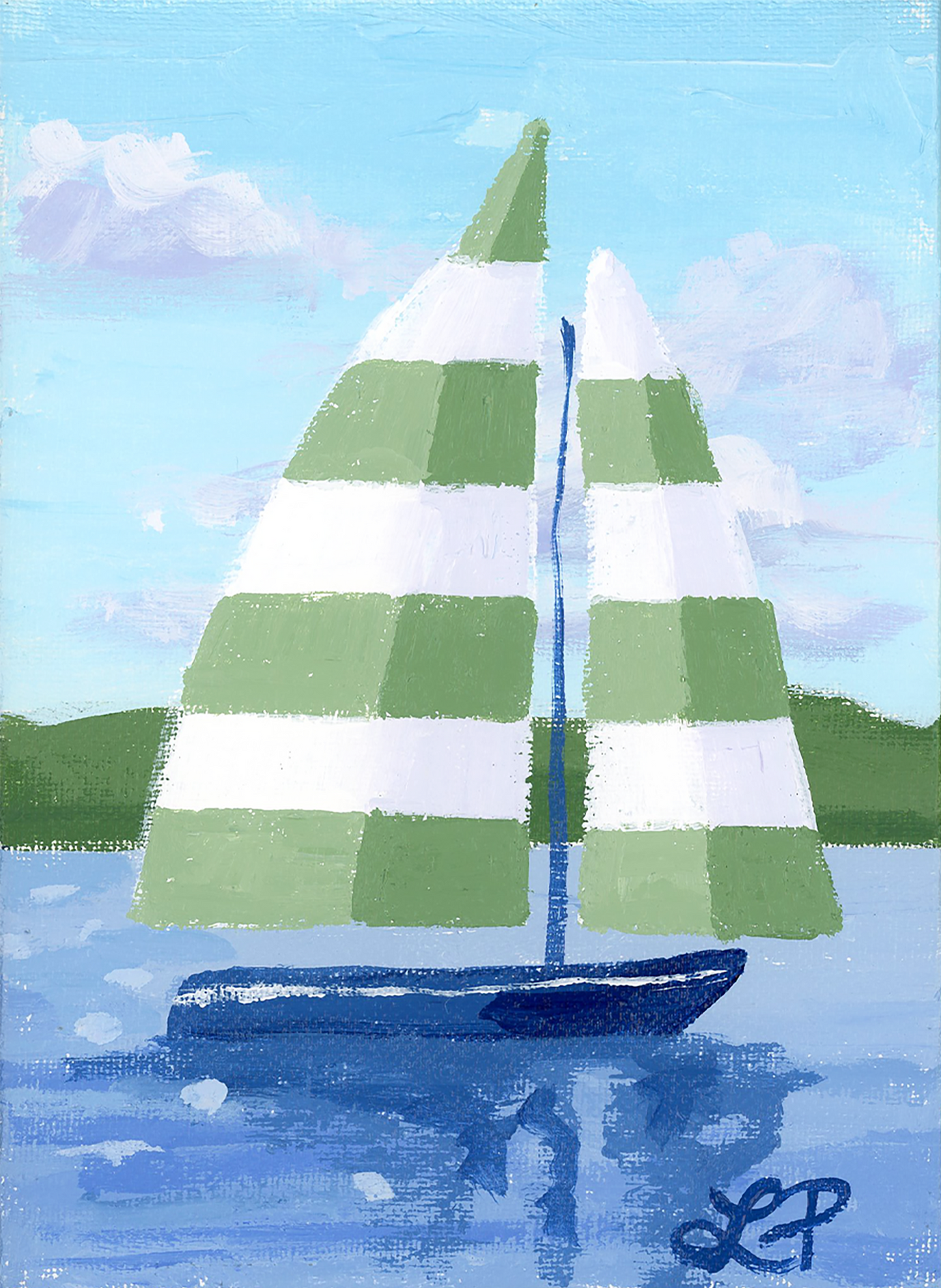 Lauri Prins original acrylic painting of a sailboat with green and white striped sails on blue water and hills.