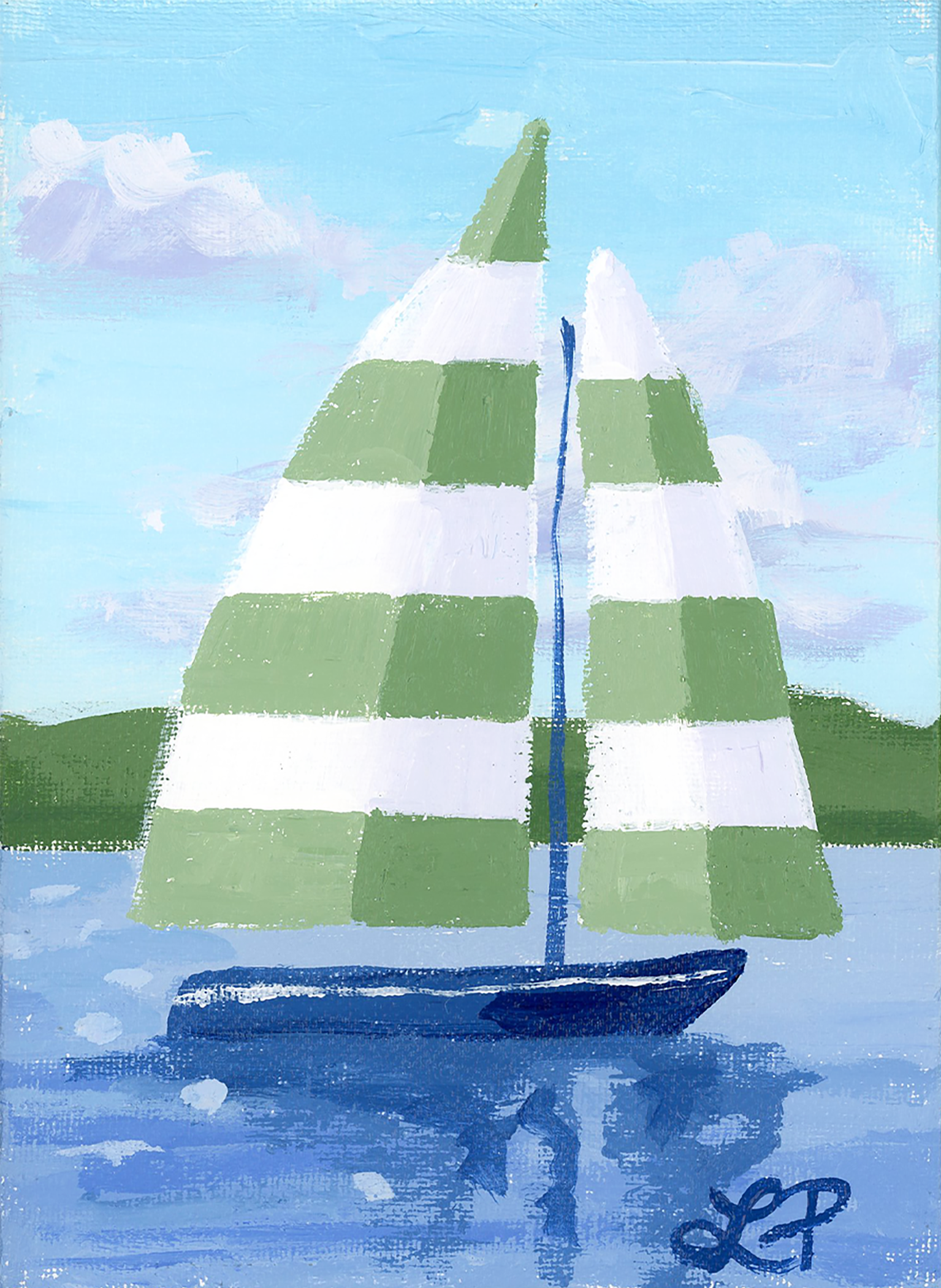 Lauri Prins original acrylic painting of a sailboat with green and white striped sails on blue water and hills.