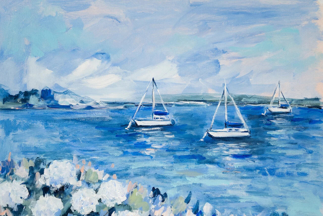 Painting of sailboats on a blue sea with white flowers in the foreground